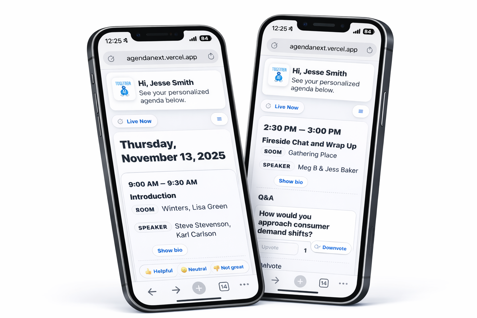 Novagenda on mobile showing a live personalized agenda and Q&A