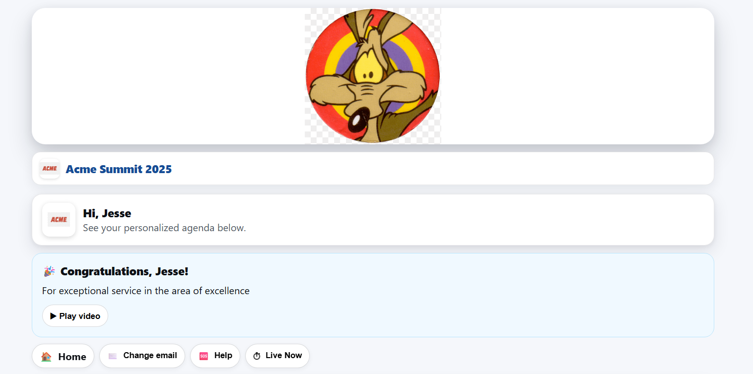 Agenda card with speaker pic and bio, room, notes and registration