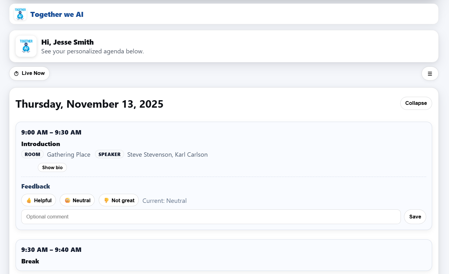 Personalized agenda cards with speakers, room, notes and registration